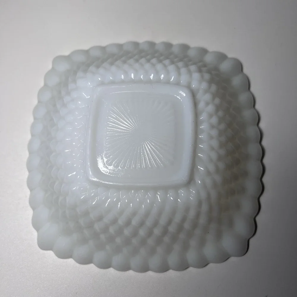 Anchor Hocking Vtg Square Diamond or Hobnail Milk Glass Bowl 50s-60s